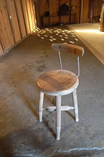 A chair that was already at the sake warehouse, with Miyuki Miki’s pea pod installation, PEAS, in the background.