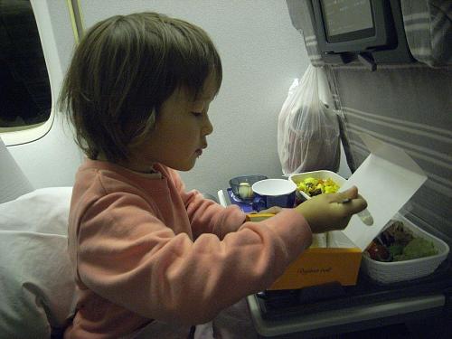 Sofie has really gotten the hang of air travel. Here she is chowing down on her in-flight meal.