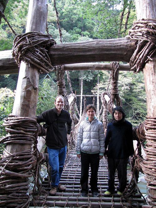 The artists after successfully crossing Iya's Kazura-bashi. They loved how high up it was and how it shook.