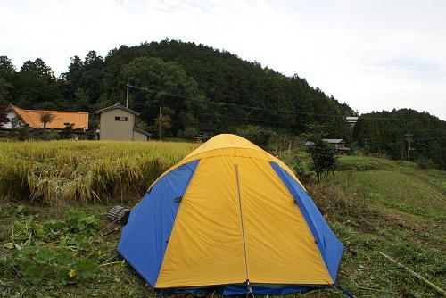 田の入り口にテント？