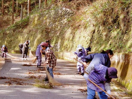 ｢菜の花ウォーク｣を前に、集落に向かう町道をホウキ掃きする江田地区の裏方さんたち。